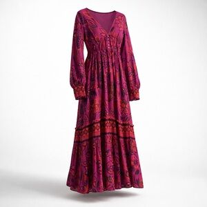 Farm Rio Floral Pink Maxi boho long sleeve cottage summer Dress size L